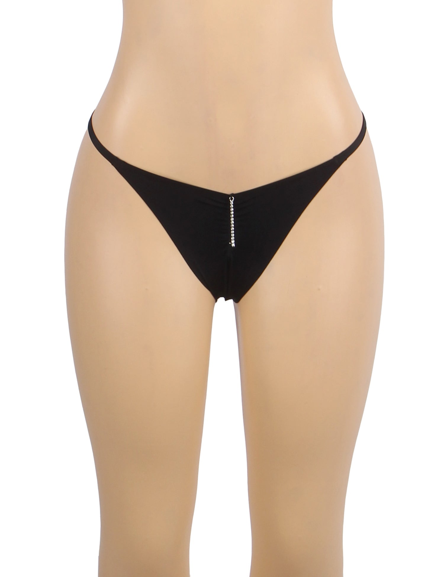 Black Ice Silk Seamless Thong – Rhinestone Chain & Pleated Front Panel - TeaseFashion