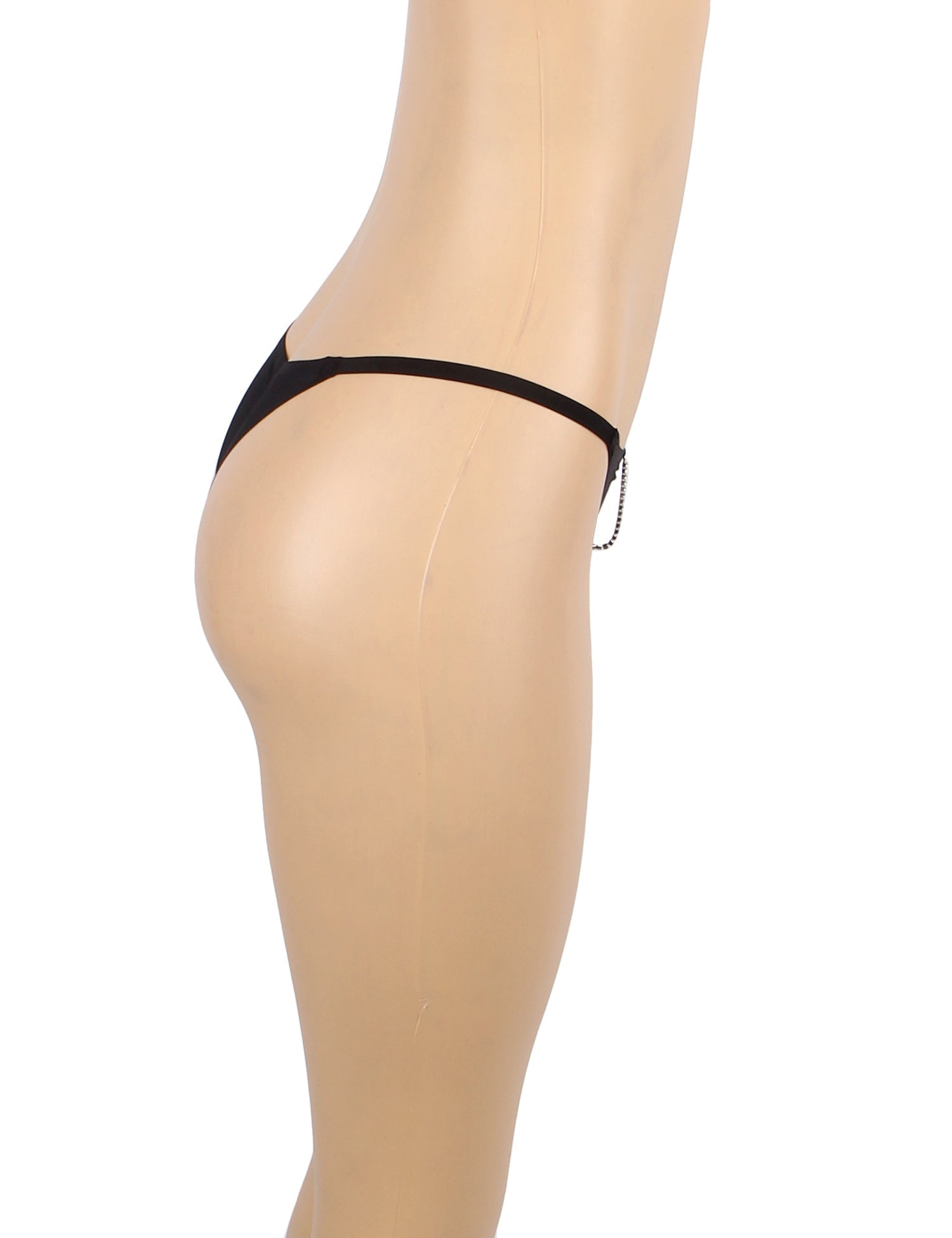 Black Ice Silk Seamless Thong – Rhinestone Chain & Pleated Front Panel - TeaseFashion