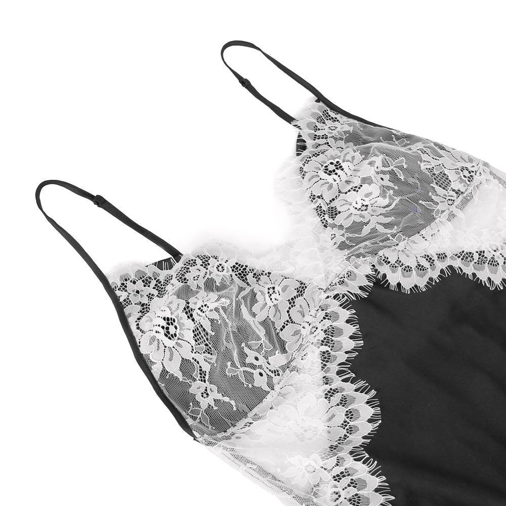 Black Imitation Silk Deep V Eyelash Lace Camisole Pyjama Set – Open Back with Clasp & Adjustable Straps - TeaseFashion