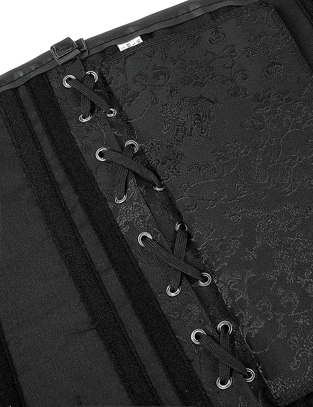 Black Jacquard Corset – Faux Leather Splicing, 12 Steel Bones & Busk - TeaseFashion