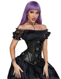 Black Jacquard Corset – Faux Leather Splicing, 12 Steel Bones & Busk - TeaseFashion