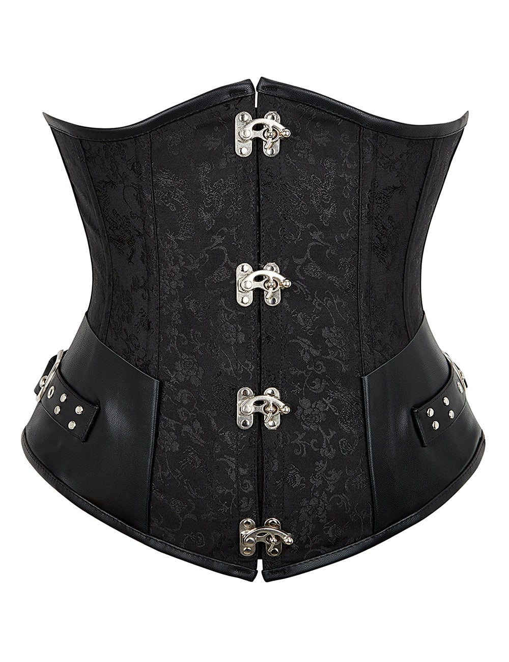 Black Jacquard Corset – Faux Leather Splicing, 12 Steel Bones & Busk - TeaseFashion