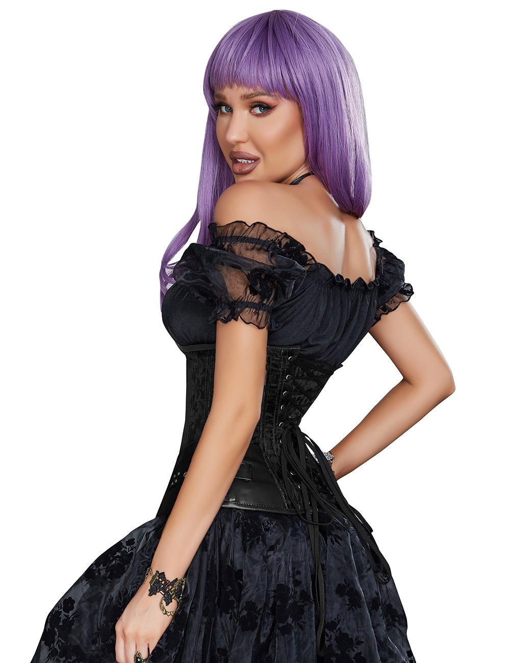 Black Jacquard Corset – Faux Leather Splicing, 12 Steel Bones & Busk - TeaseFashion