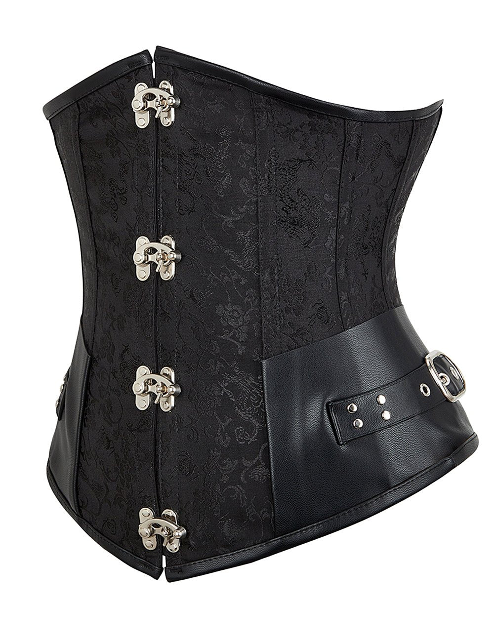 Black Jacquard Corset – Faux Leather Splicing, 12 Steel Bones & Busk - TeaseFashion