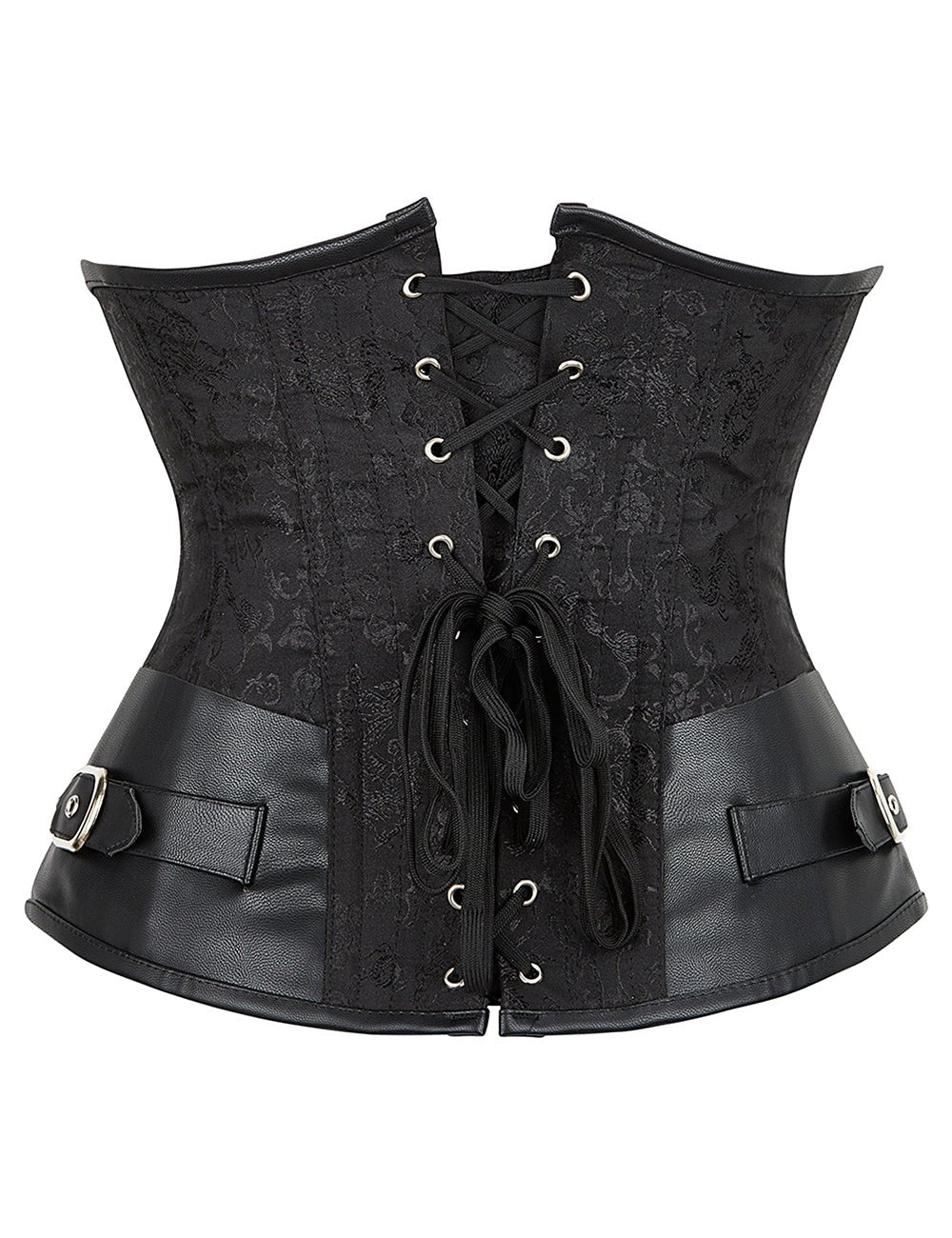 Black Jacquard Corset – Faux Leather Splicing, 12 Steel Bones & Busk - TeaseFashion