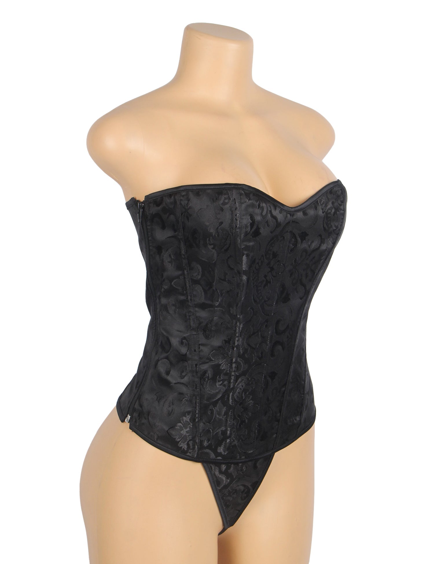 Black Jacquard Strapless Corset – 12 Bones, Side Zip & Back Lacing - TeaseFashion