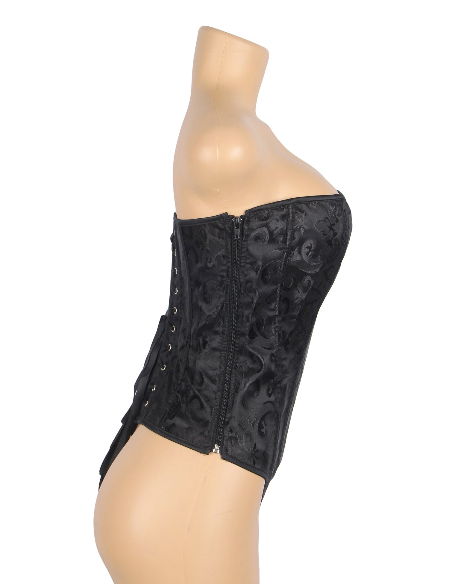 Black Jacquard Strapless Corset – 12 Bones, Side Zip & Back Lacing - TeaseFashion