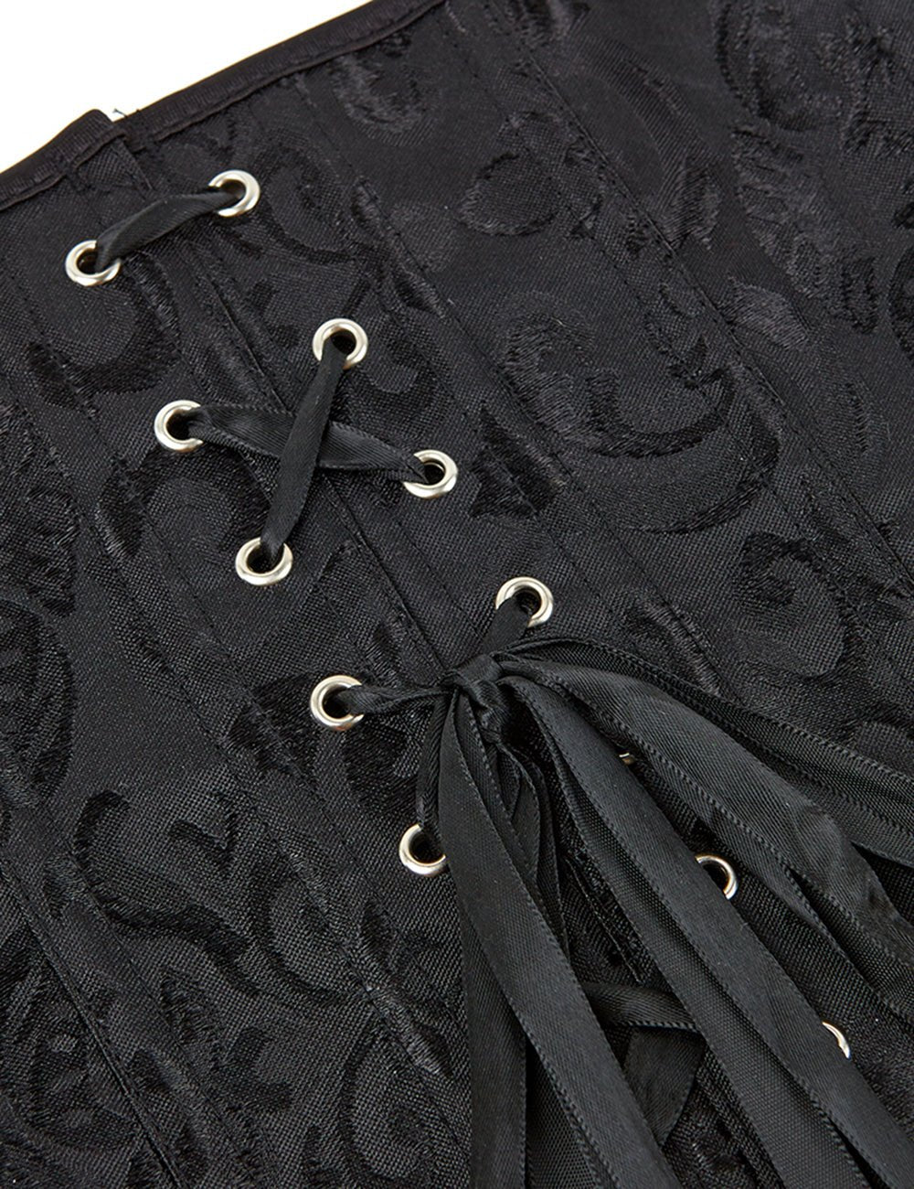 Black Jacquard Strapless Corset with Lace & 14 Bones - TeaseFashion