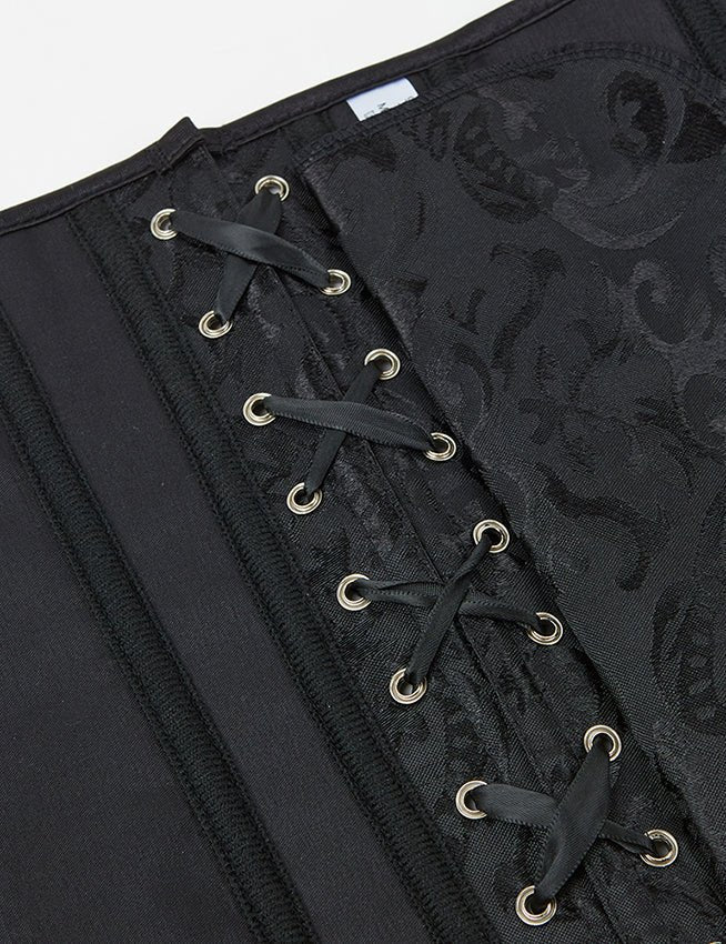 Black Jacquard Strapless Corset with Lace & 14 Bones - TeaseFashion