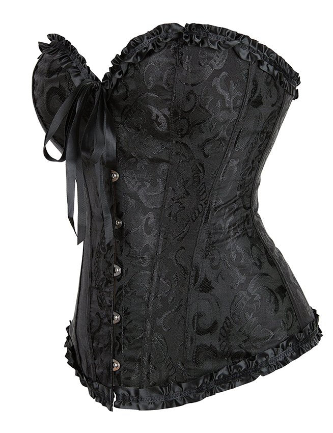 Black Jacquard Strapless Corset with Lace Trim & Bow - TeaseFashion