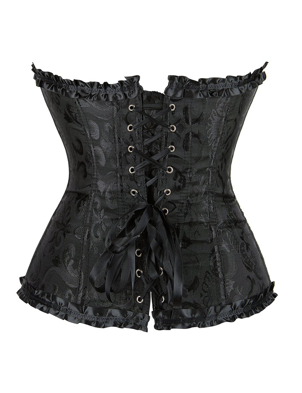 Black Jacquard Strapless Corset with Lace Trim & Bow - TeaseFashion