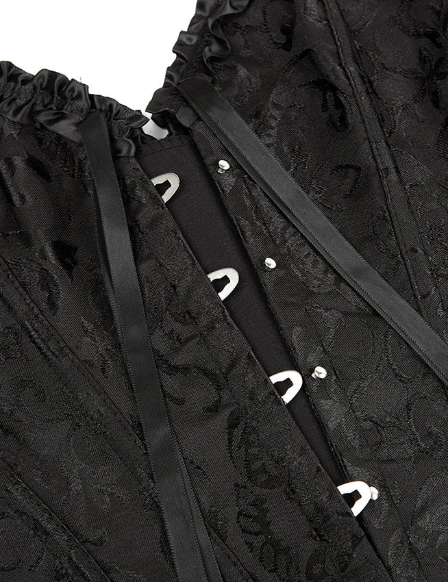 Black Jacquard Strapless Corset with Lace Trim & Bow - TeaseFashion
