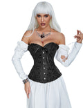 Black Jacquard Strapless Corset with Lace Trim & Bow - TeaseFashion