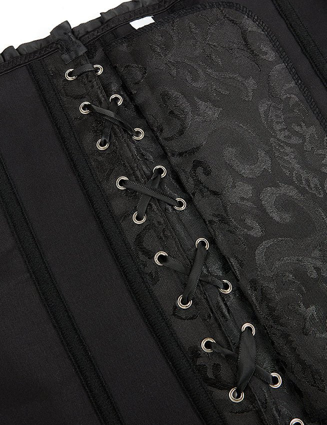 Black Jacquard Strapless Corset with Lace Trim & Bow - TeaseFashion