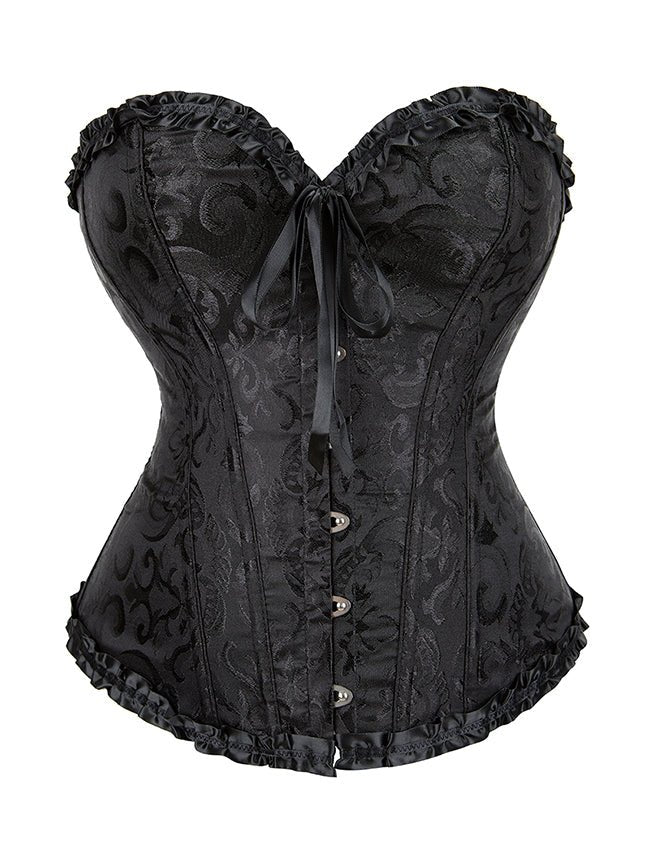 Black Jacquard Strapless Corset with Lace Trim & Bow - TeaseFashion