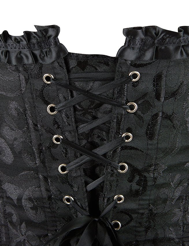Black Jacquard Strapless Corset with Lace Trim & Bow - TeaseFashion