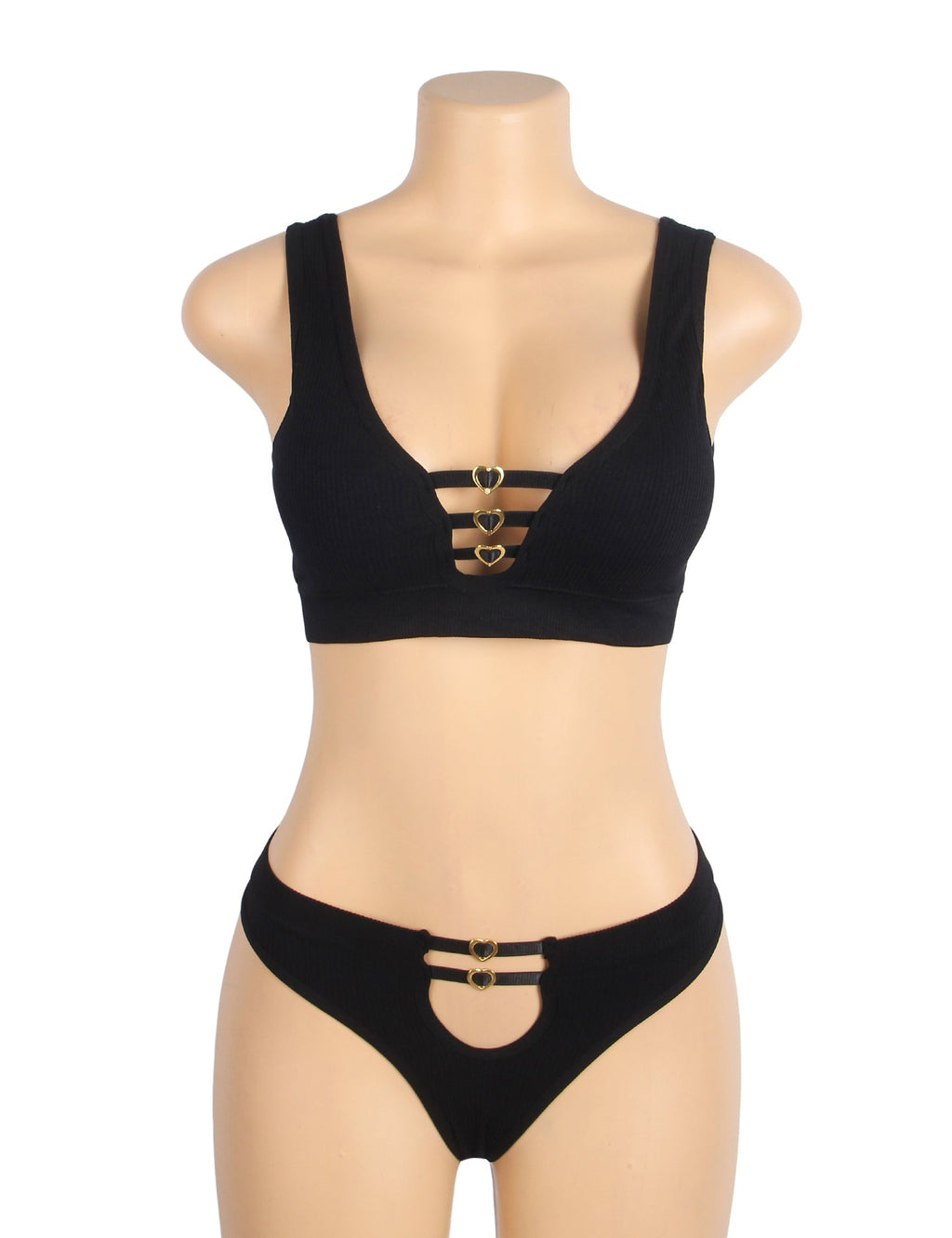 Black Knitted Seamless Bra Set with Cut - Out & Heart Buckle - TeaseFashion
