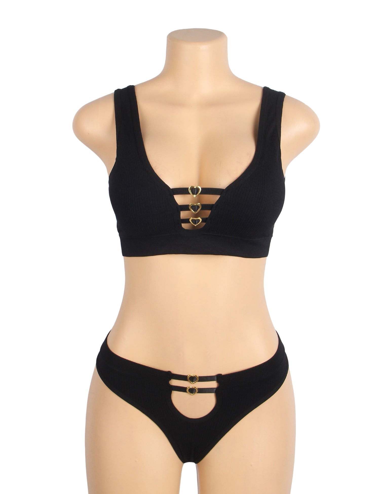 Black Knitted Seamless Bra Set with Cut - Out & Heart Buckle - TeaseFashion