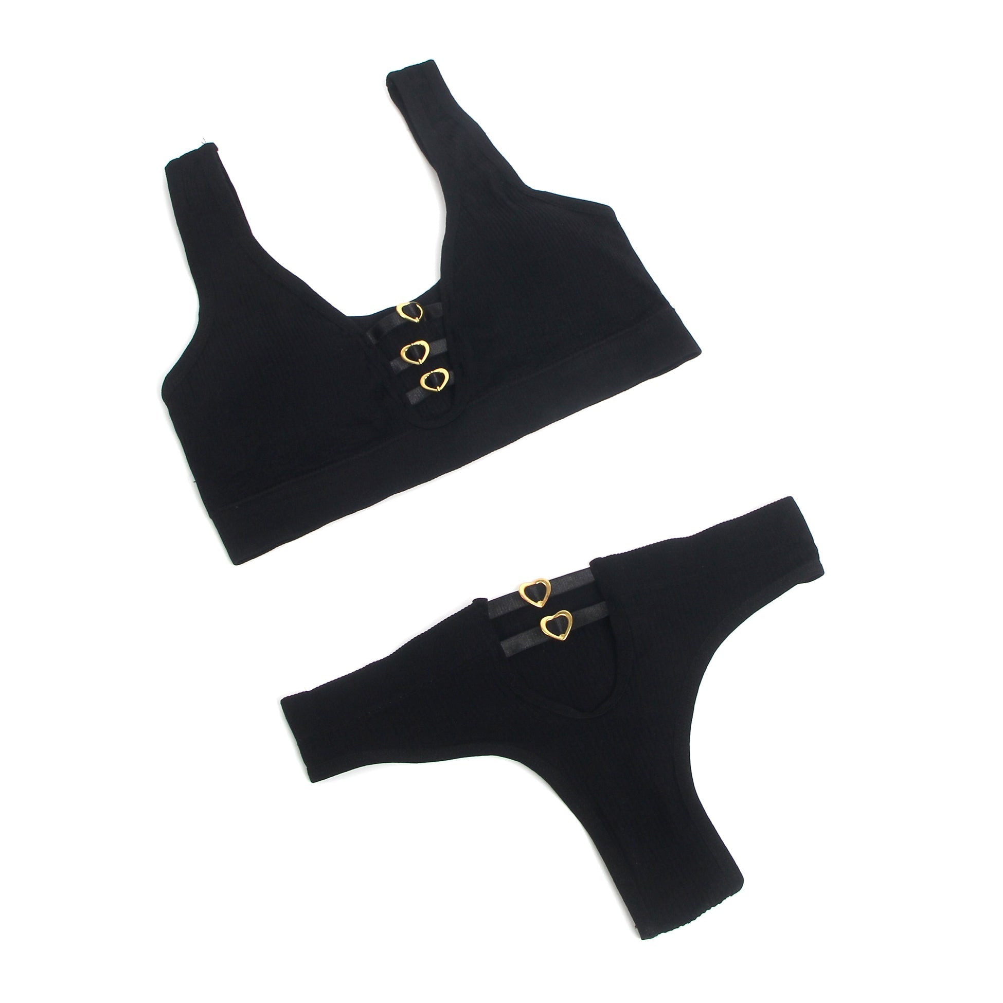 Black Knitted Seamless Bra Set with Cut - Out & Heart Buckle - TeaseFashion