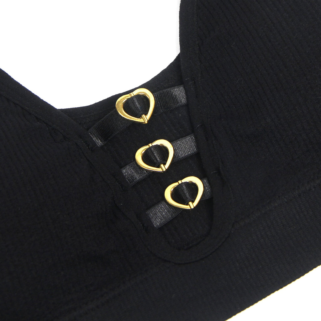 Black Knitted Seamless Bra Set with Cut - Out & Heart Buckle - TeaseFashion