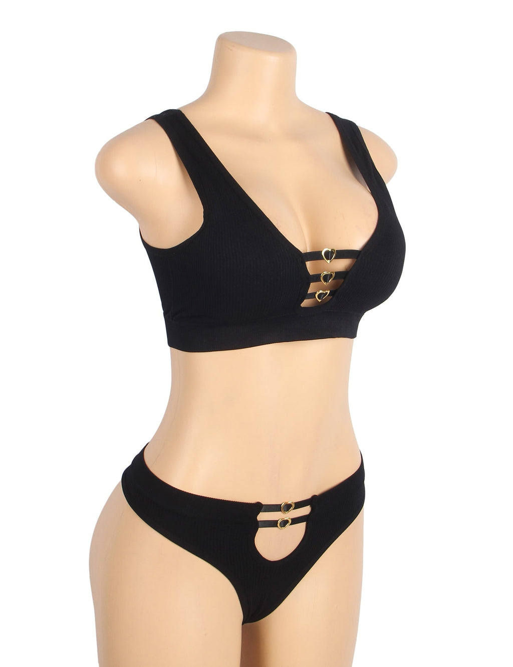 Black Knitted Seamless Bra Set with Cut - Out & Heart Buckle - TeaseFashion