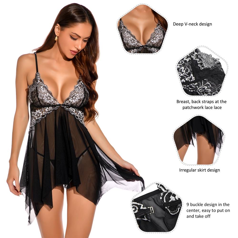 Black Lace Babydoll – Deep V - Neck, Irregular Hem & Nine - Button Front - TeaseFashion
