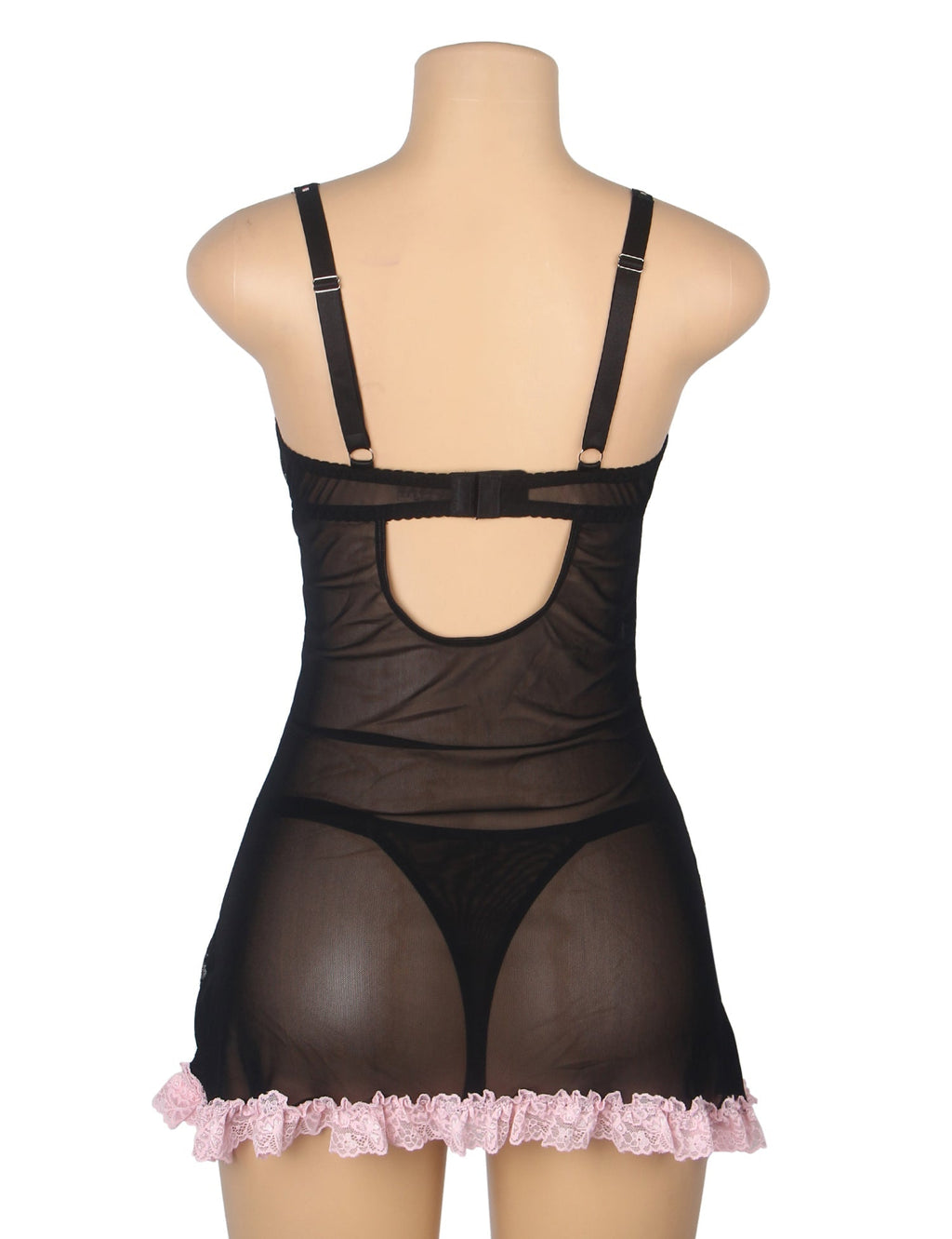 Black Lace Babydoll with Ruffle Swing Hem, Underwire, Hollow Back, Bow Accent & Lace T - Pants Set - TeaseFashion