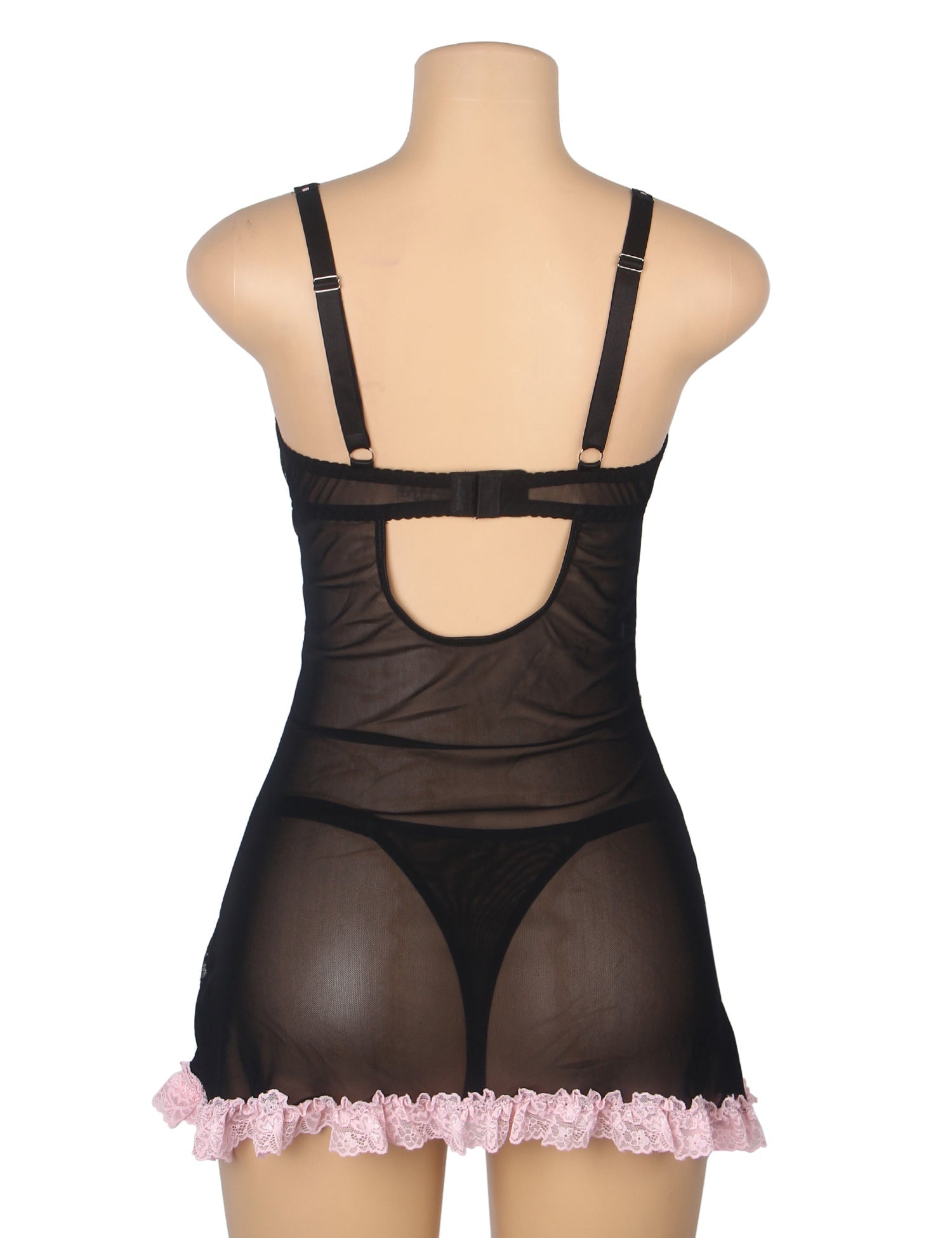 Black Lace Babydoll with Ruffle Swing Hem, Underwire, Hollow Back, Bow Accent & Lace T - Pants Set - TeaseFashion