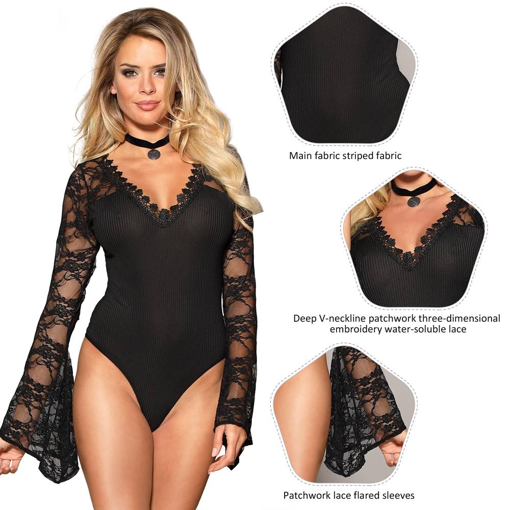 Black Lace Bell Sleeve Teddy – 3D Embroidered Deep V & Open Crotch - TeaseFashion