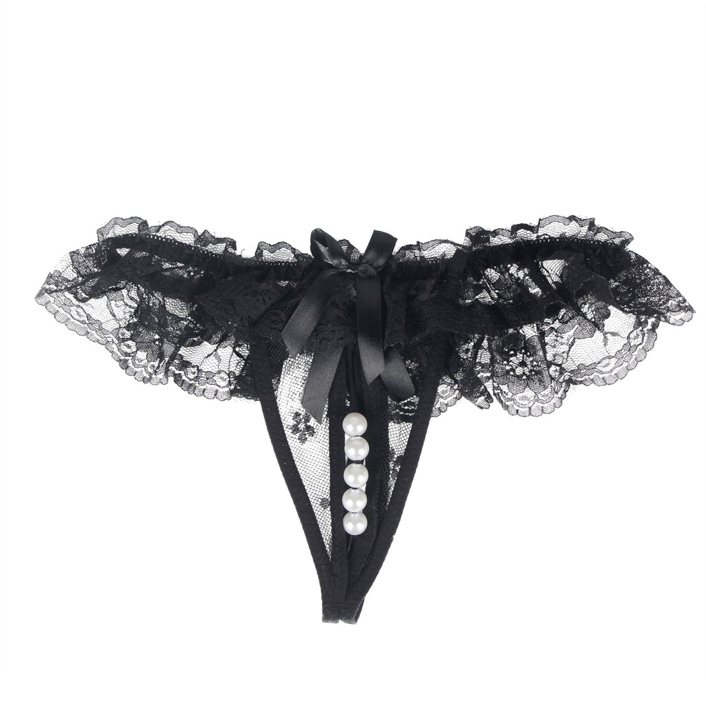 Black Lace Butterfly Thong – Water - Soluble Flower, Open Crotch & Pearl Detail - TeaseFashion