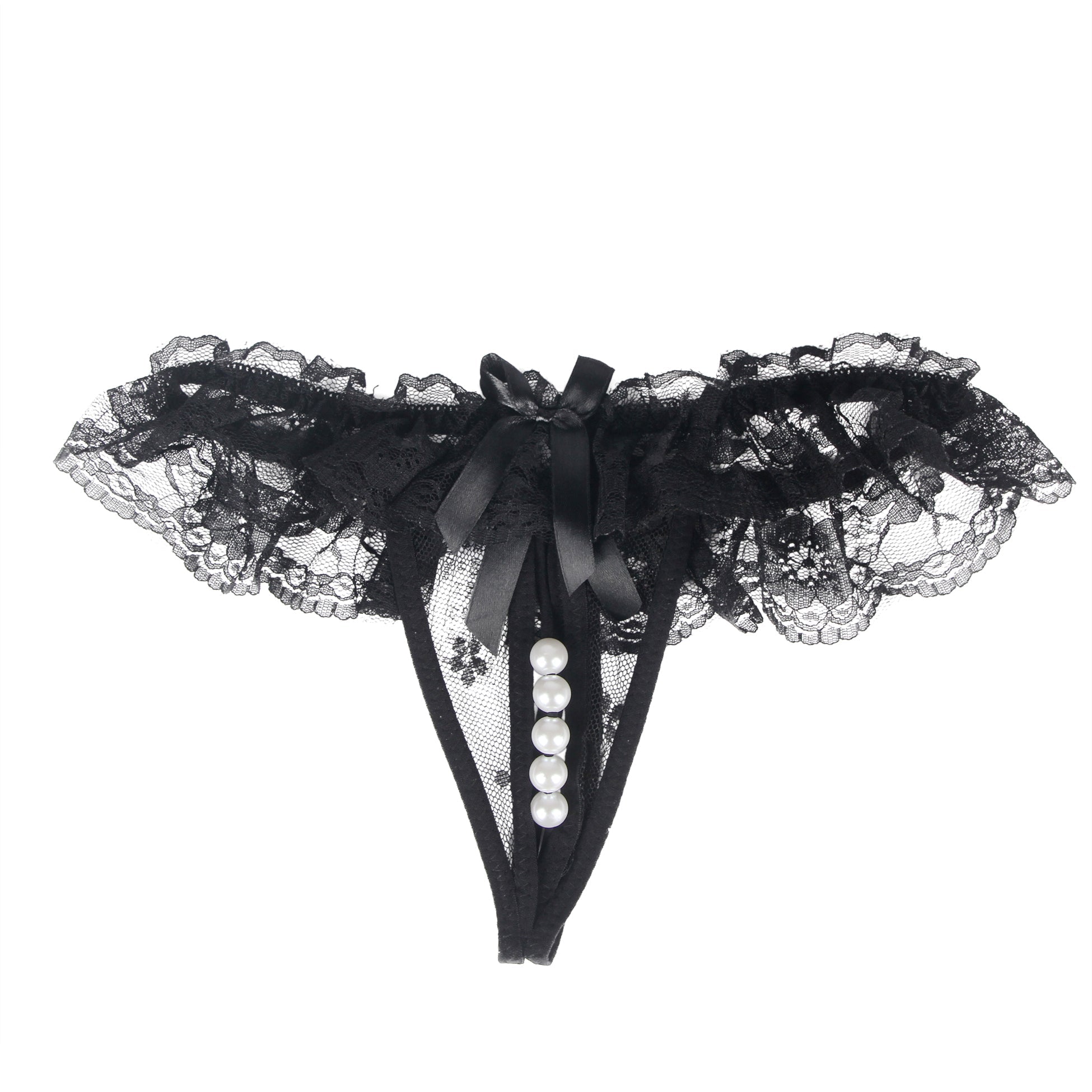 Black Lace Butterfly Thong – Water - Soluble Flower, Open Crotch & Pearl Detail - TeaseFashion