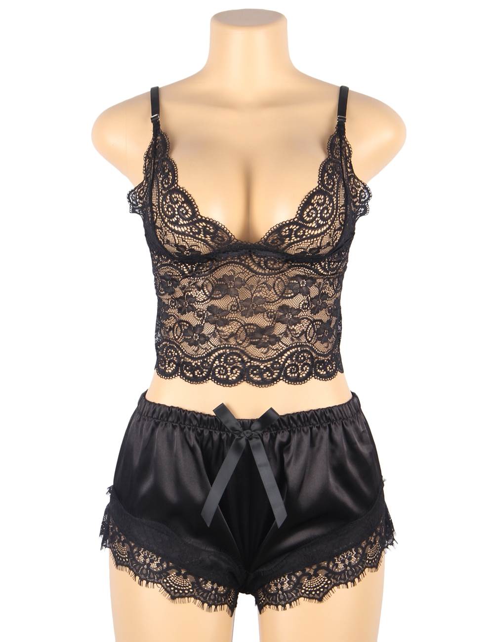 Black Lace Camisole & Satin - Finish Eyelash Lace Pyjama Set – Cropped Top with Butterfly Knot Pants - TeaseFashion