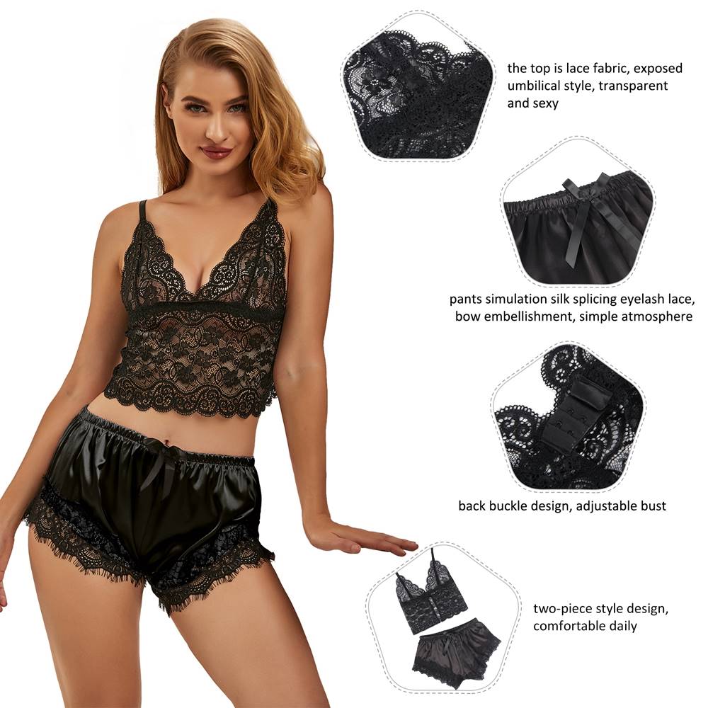 Black Lace Camisole & Satin - Finish Eyelash Lace Pyjama Set – Cropped Top with Butterfly Knot Pants - TeaseFashion
