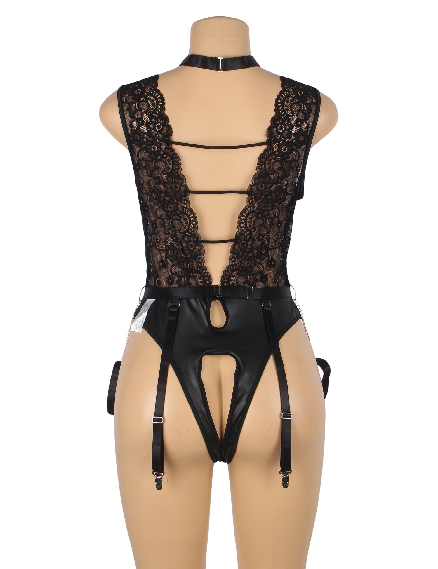Black Lace & Faux Leather Bodysuit Set with Chain Cuffs - TeaseFashion