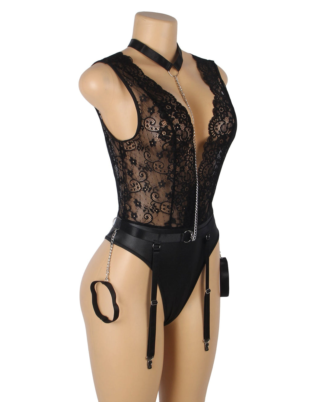 Black Lace & Faux Leather Bodysuit Set with Chain Cuffs - TeaseFashion