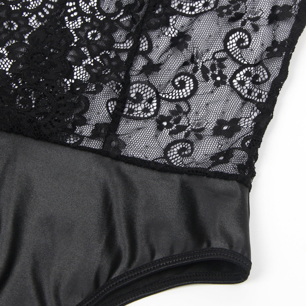 Black Lace & Faux Leather Bodysuit Set with Chain Cuffs - TeaseFashion