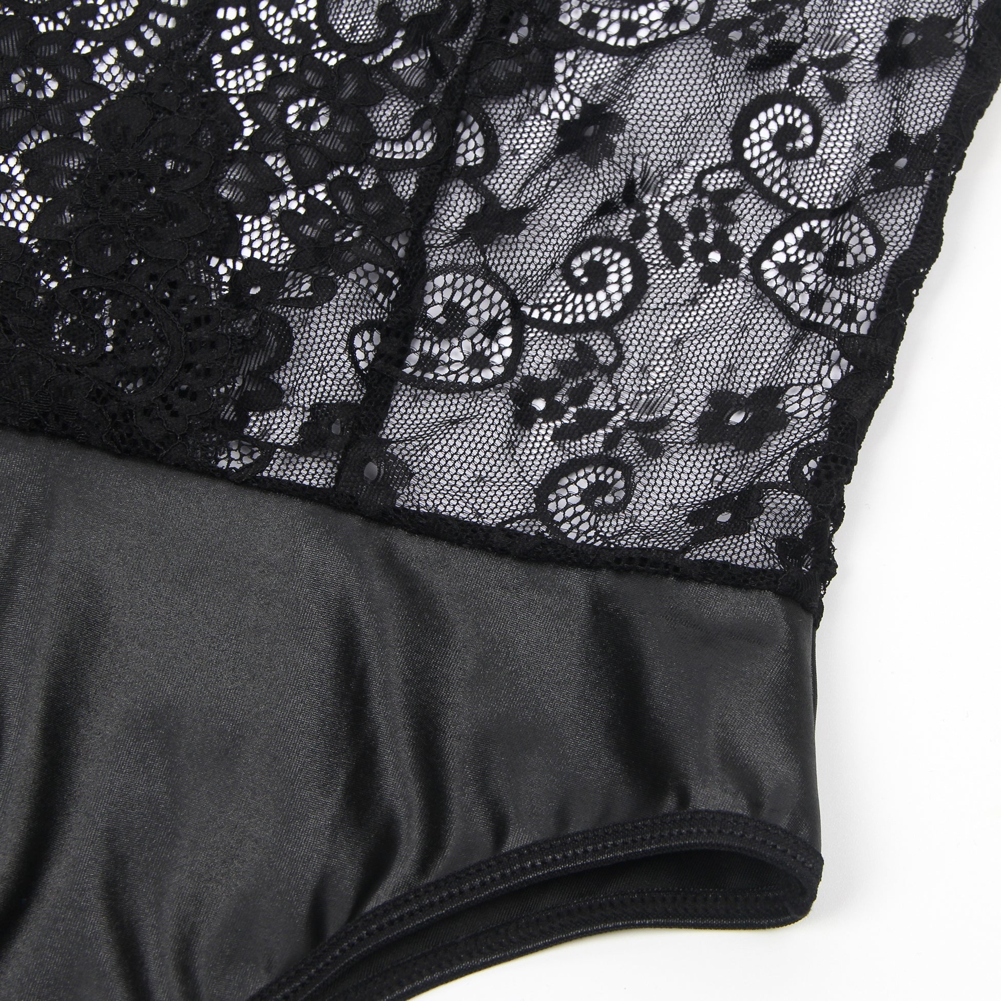 Black Lace & Faux Leather Bodysuit Set with Chain Cuffs - TeaseFashion