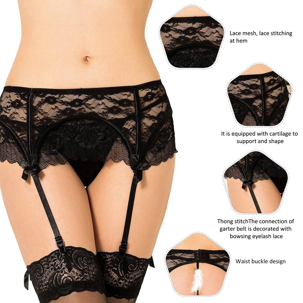 Black Lace Garter Panty with Bow - Accent Straps & Snap Closure - TeaseFashion