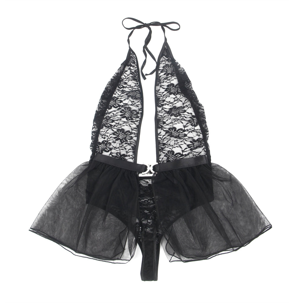 Black Lace Halter Bodysuit & Mesh Mini Skirt Set – Deep V & Open Back - TeaseFashion