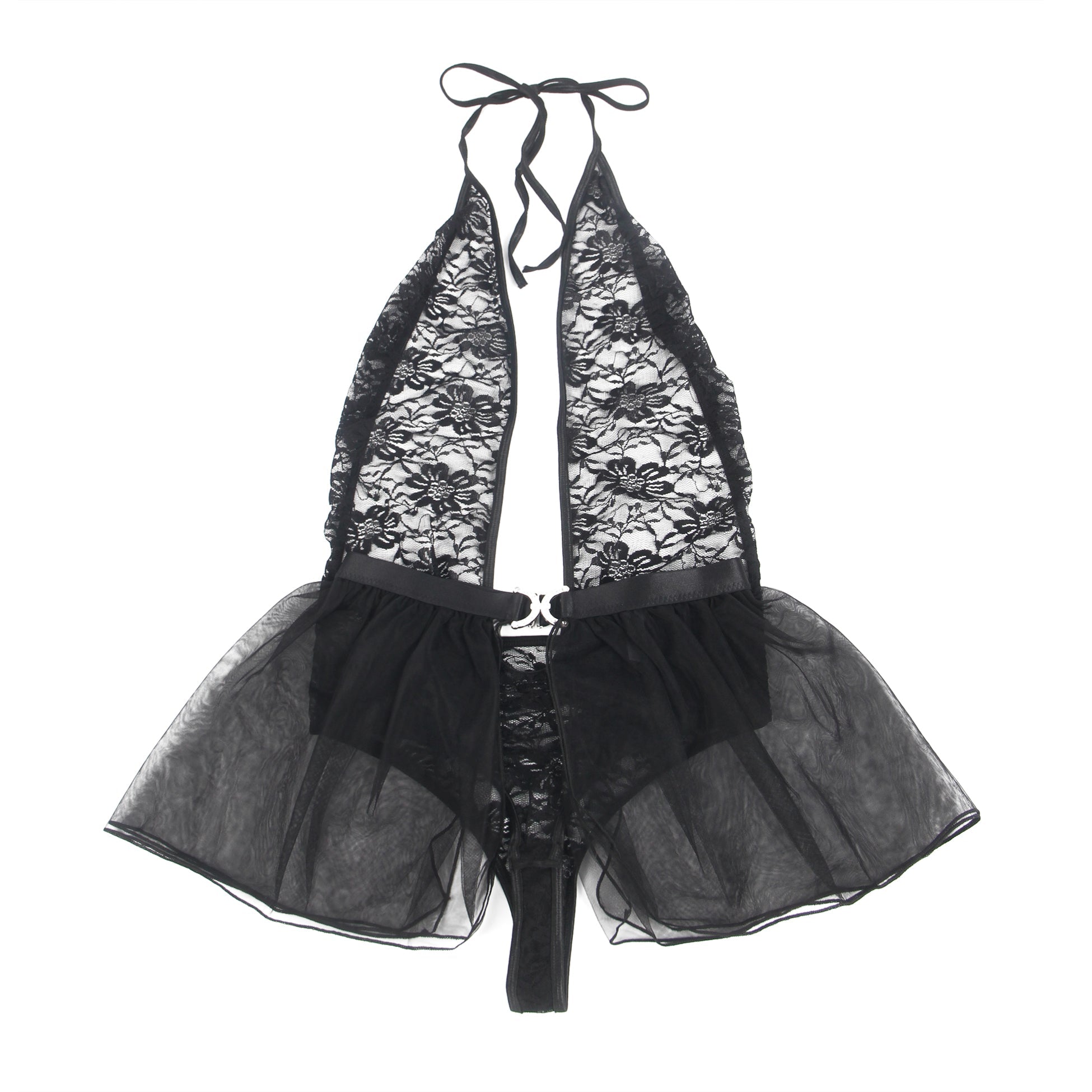 Black Lace Halter Bodysuit & Mesh Mini Skirt Set – Deep V & Open Back - TeaseFashion