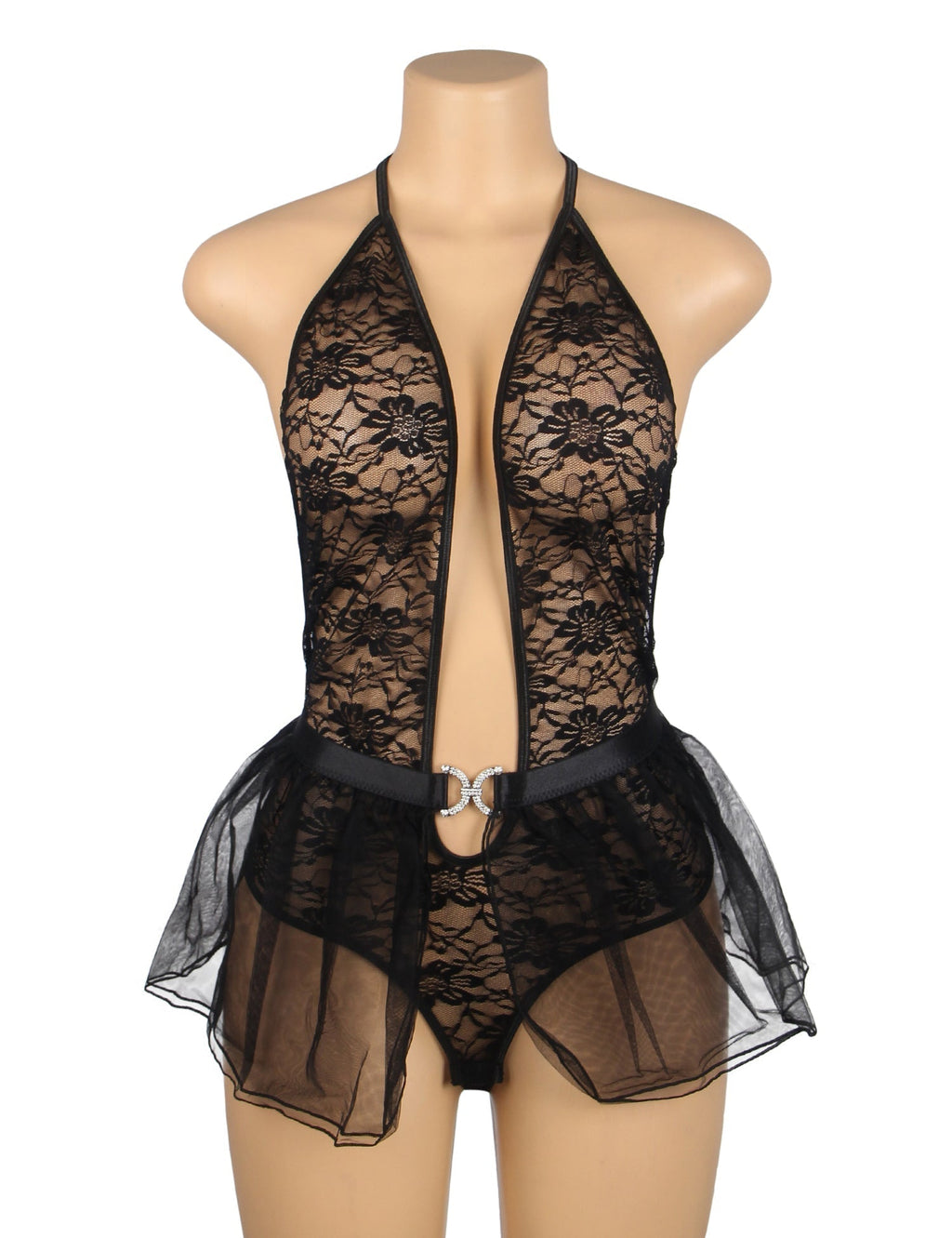 Black Lace Halter Bodysuit & Mesh Mini Skirt Set – Deep V & Open Back - TeaseFashion