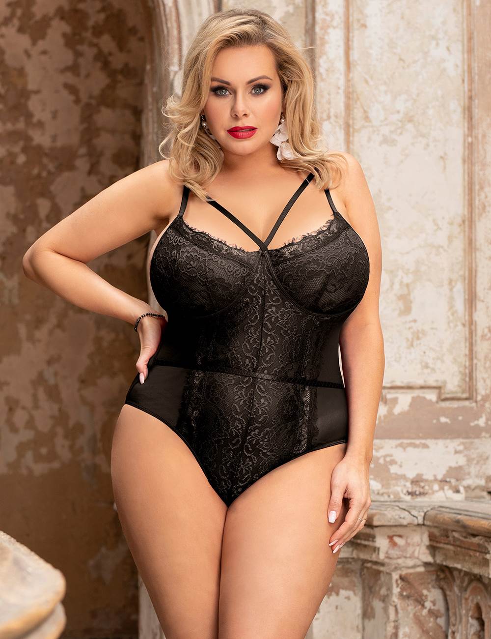 Black Lace & Mesh Bodysuit – Eyelash Lace Cups, Hollow - Out Bra Detail, Adjustable Crotch & Straps - TeaseFashion