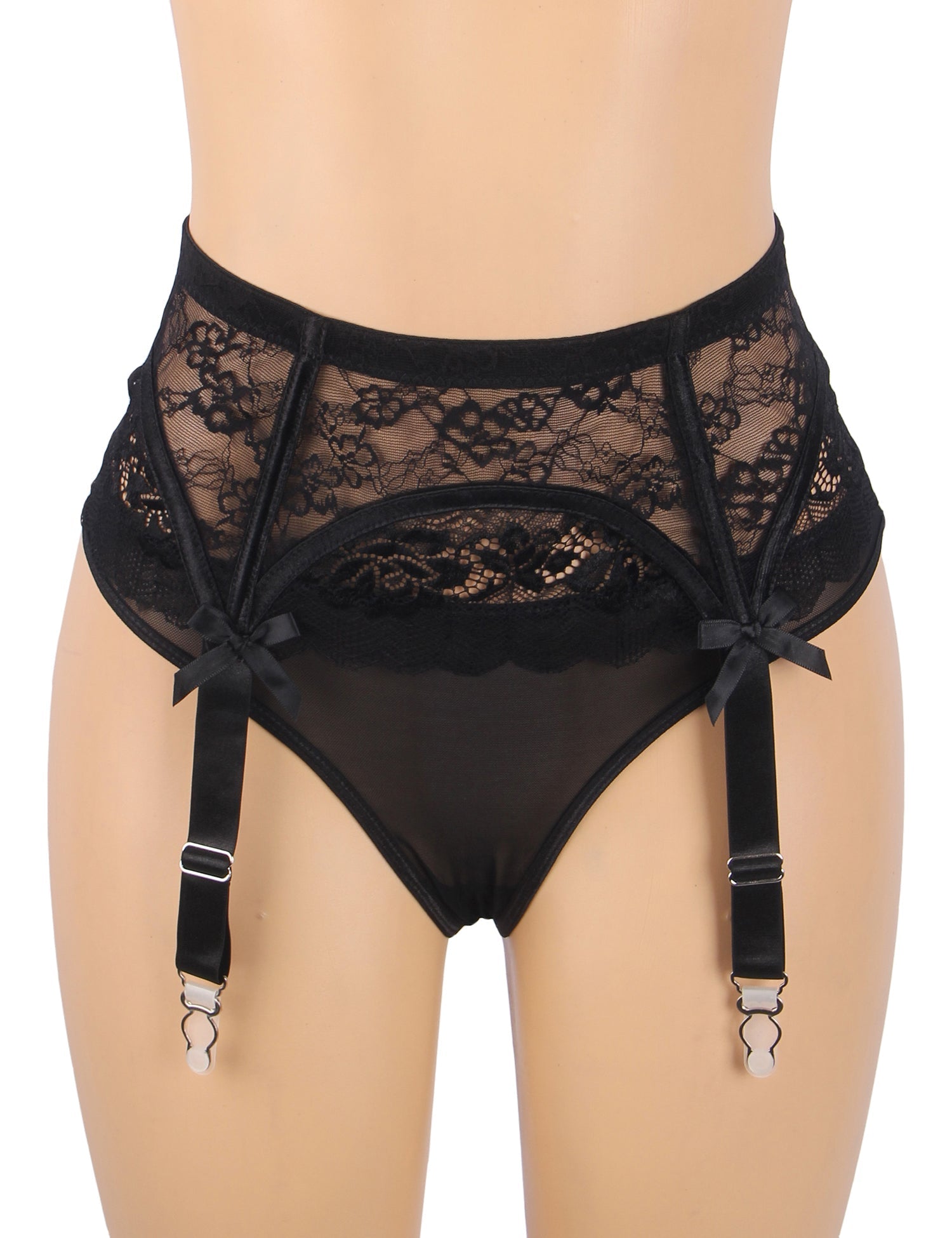Black Lace Mesh Garter Belt Set with Bow Detail, Boning & Button Closure - TeaseFashion