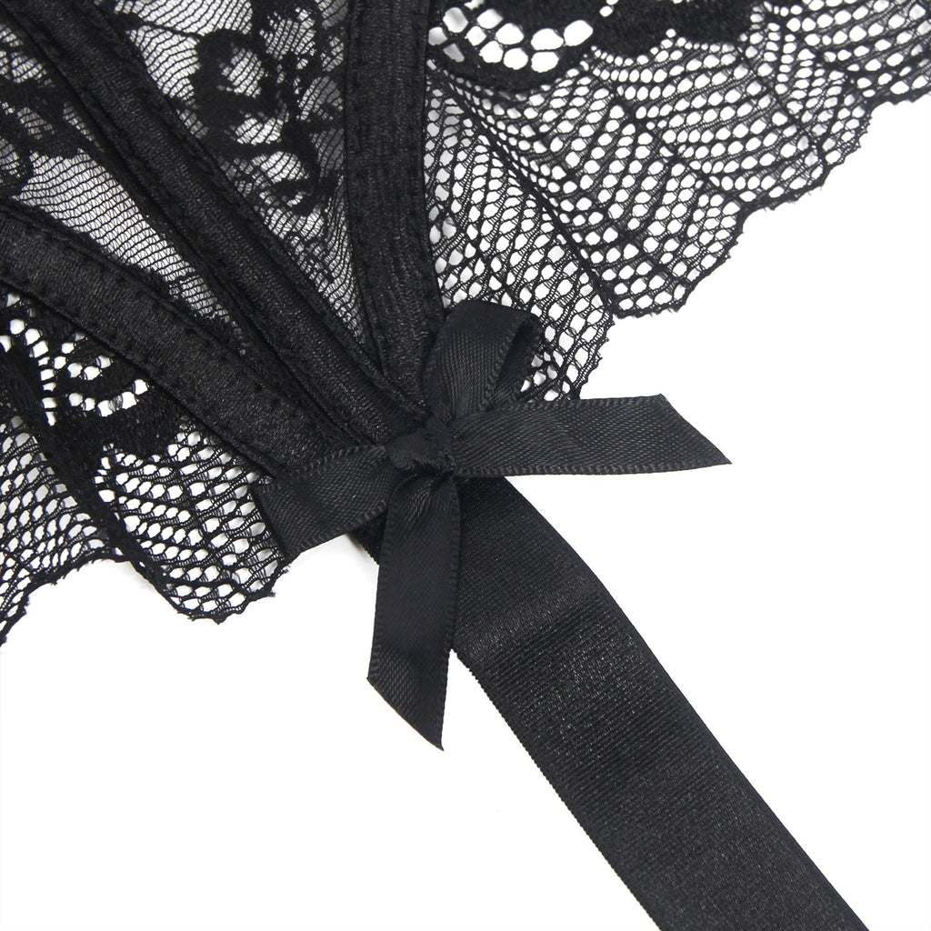 Black Lace Mesh Garter Belt Set with Bow Detail, Boning & Button Closure - TeaseFashion