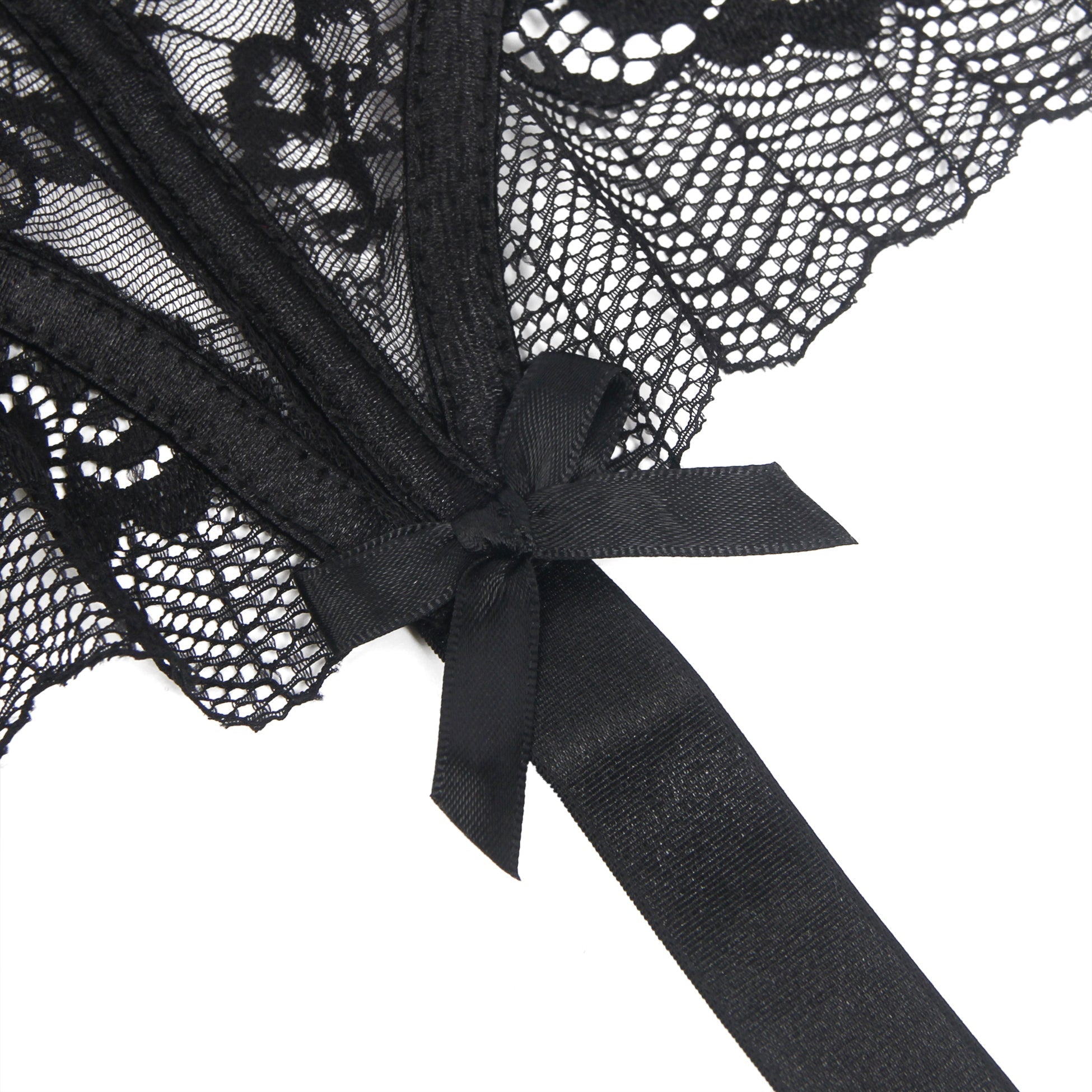 Black Lace Mesh Garter Belt Set with Bow Detail, Boning & Button Closure - TeaseFashion