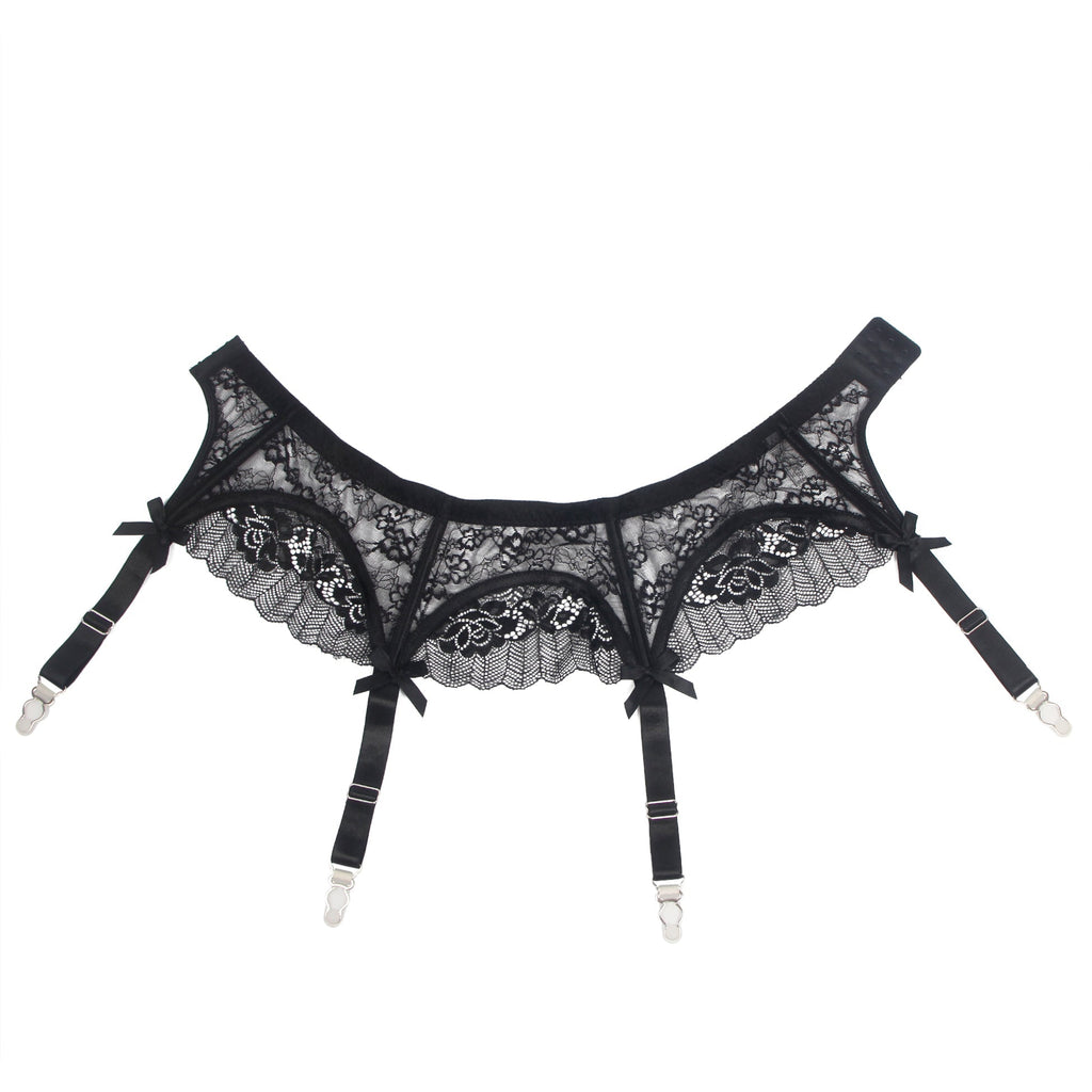 Black Lace Mesh Garter Belt Set with Bow Detail, Boning & Button Closure - TeaseFashion