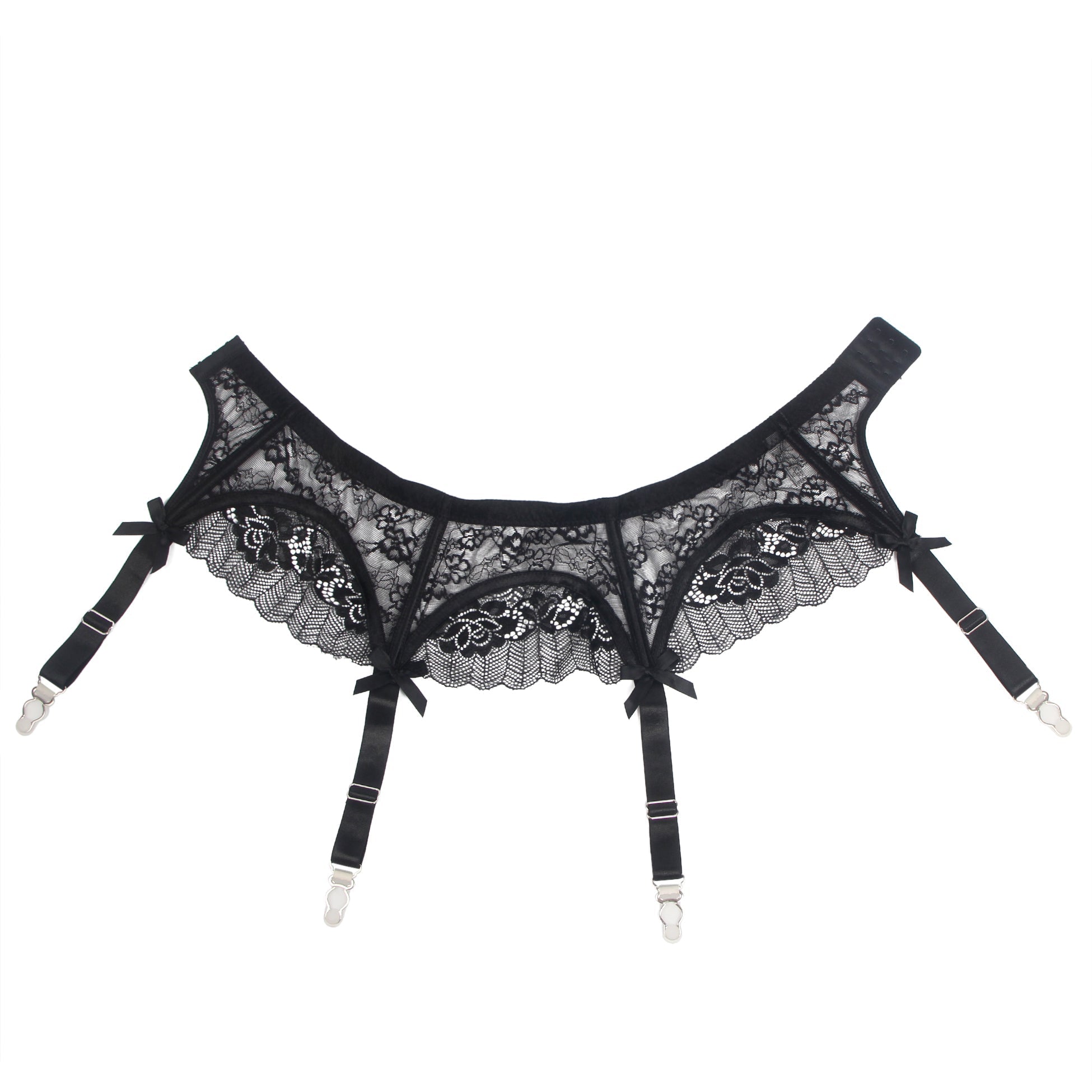 Black Lace Mesh Garter Belt Set with Bow Detail, Boning & Button Closure - TeaseFashion
