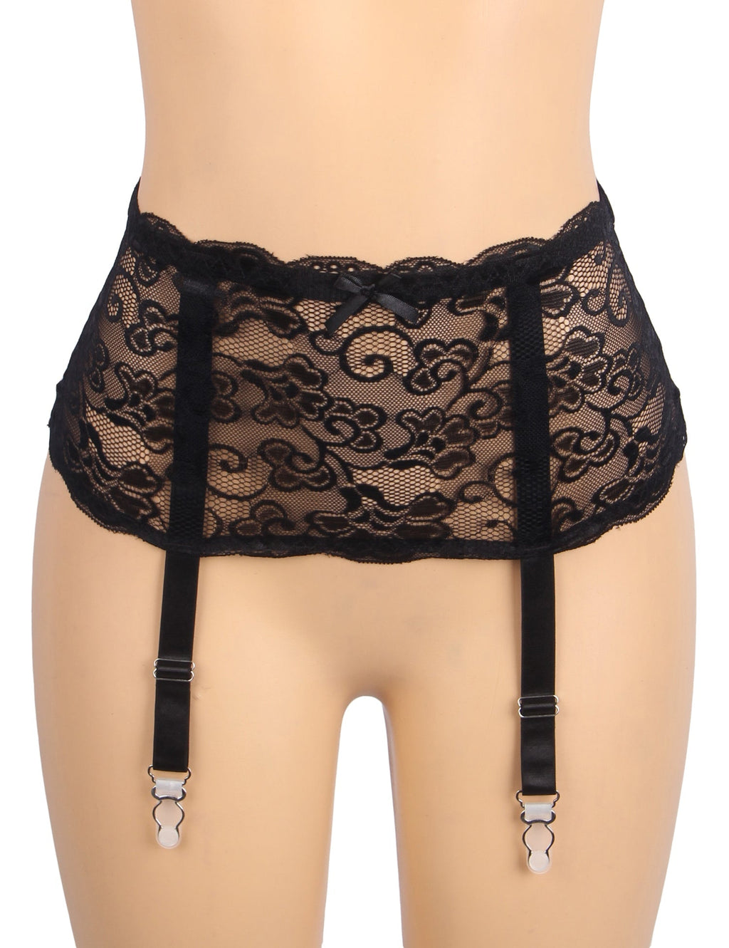 Black Lace Mesh Garter Belt with 4 Elastic Straps - TeaseFashion