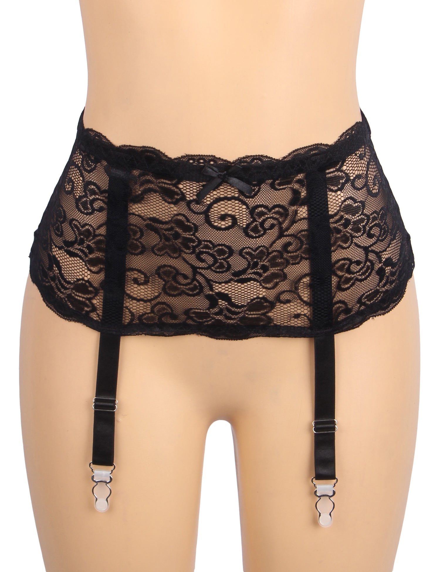 Black Lace Mesh Garter Belt with 4 Elastic Straps - TeaseFashion