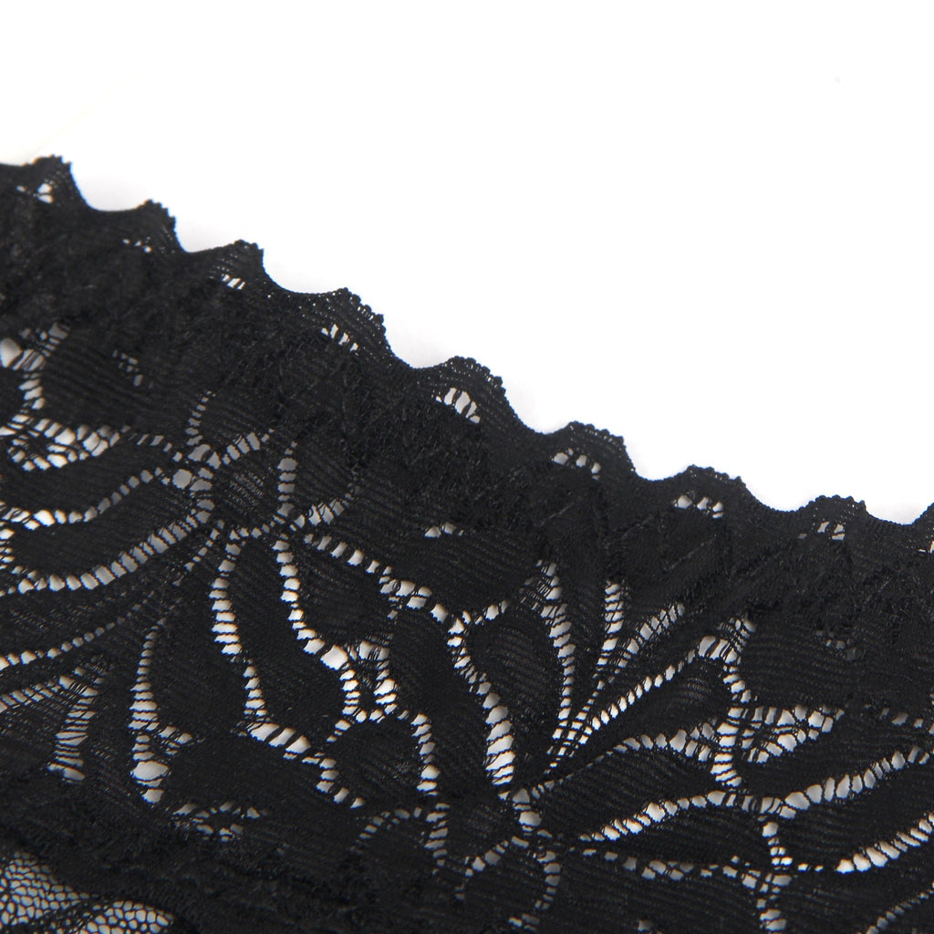 Black Lace Mesh One - Piece Garter Panty with Ruffled Hem & Hollowed Back - TeaseFashion